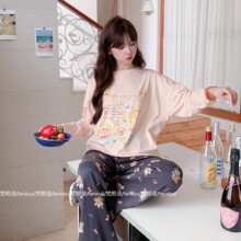 梵熙语韩系卡通印花长袖长裤新睡衣女纯棉宽松大码批发家居服套装