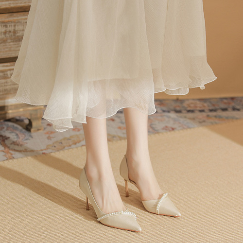 83313 Side hollow high heels women's stiletto 2024 spring new bridal wedding shoes pointed toe single shoes temperament bridesmaid shoes