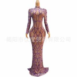 跨境条纹长袖拖尾设计晶亮水钻礼服气质酒会派对夜场演出长裙紫衣