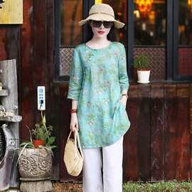 金步康复古斜襟棉麻t恤女圆领盘扣茶服夏季苎麻印花衬衫中长款国
