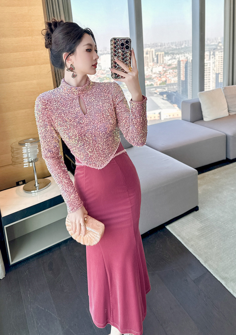 Đầm dài đuôi cá cổ tròn tay ngắn sequin nhung dự tiệc — màu hồng chi tiết 1