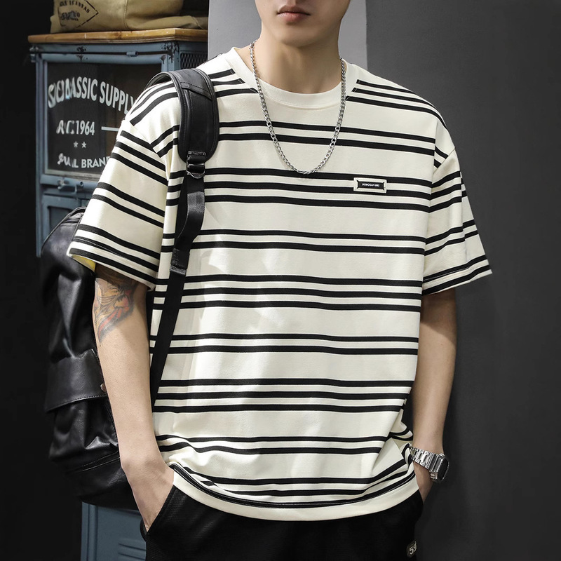 Summer 2025 Striped Short-Sleeve T-Shirt Men's Top Loose Plus Size Ins Trendy Half-Sleeve Tee American Casual Top