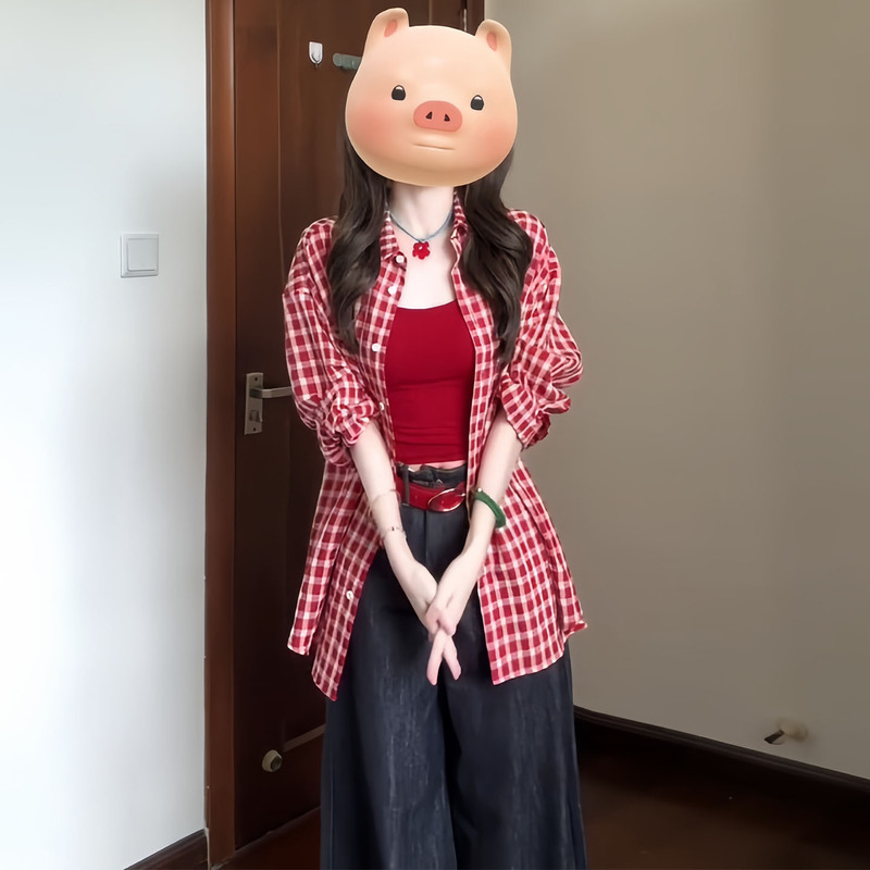 早秋季韩系红色格子防晒长袖衬衫衬衣女2025新款多巴胺绝美上衣|undefined