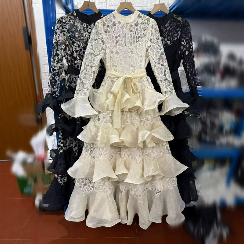 High-end evening party dress long gown 2026 summer lace hollow embroidery bell sleeve layered cake dress