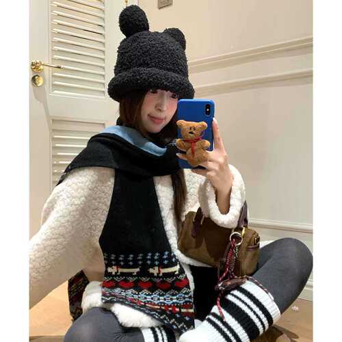 Hand-knitted Woolen Fair Isle Cute Puppy Scarf for Women, Autumn and Winter Warmth, Double-Sided Floral Pattern, Neck Warmer for Cold Protection