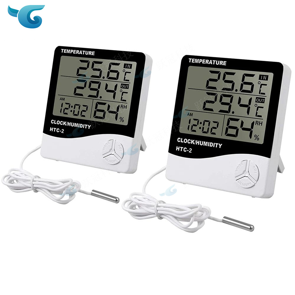 HTC-2 大屏幕温湿度计家用室内外闹钟温度器表数显电子带探头