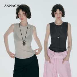 ANNACHIC叠穿神器_时髦轻薄透感无袖上衣女夏圆领修身外穿背心
