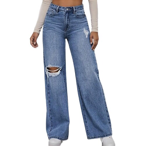 Spring and Summer European and American Style New Arrival Women's Loose-Fit Distressed Wide-Leg Casual Pants Long Trousers