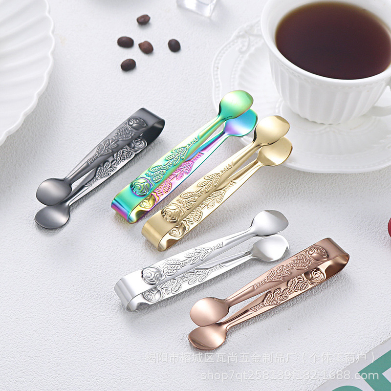 Cross-Border Ice Clip 304 Stainless Steel Clip Coffee Sugar Cube Clip Thickeneded Small Clip Ice Bucket Ice Tong Rose Clip