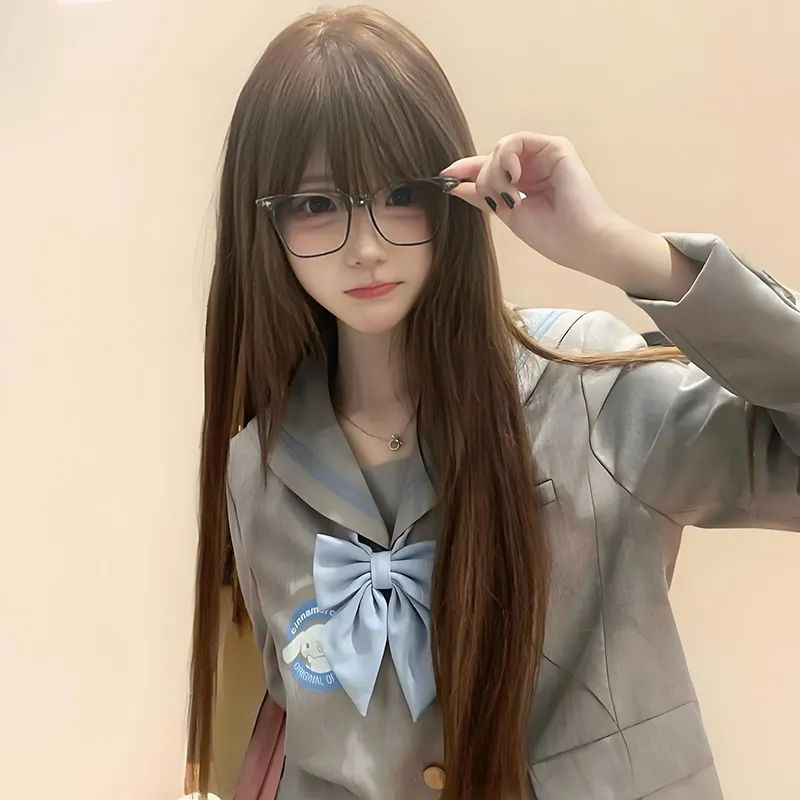 Long Wig for Whitening and Age Reduction, Black Long Jk Sweet Girl Ponytail with Bangs, Long Straight Headpiece