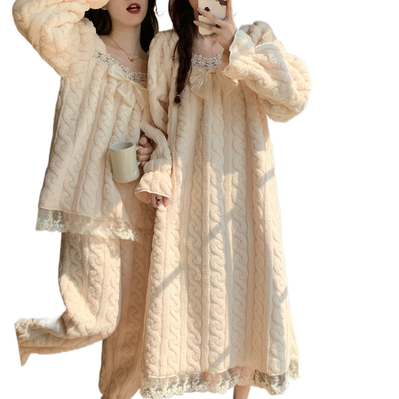 파자마 여성 겨울 두꺼운 따뜻한 플란넬 요정 달콤한 긴 나이트드레스 긴팔 산호 양털 공주 스타일 홈 의류