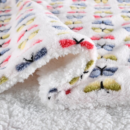 Wish Autumn and Winter Double Layer Thick Plush Coral Fleece Blanket with Double Fleece French Terry Butterfly Print Lambskin Cover Blanket
