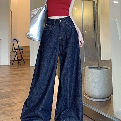 American high street washed denim wide-leg pants for women 2026 spring and autumn high-waist loose straight pants mopping pants trend
