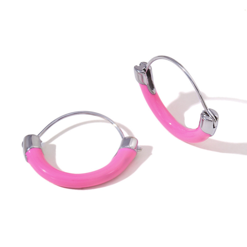 행잉 바스켓 오일 드롭 시리즈 귀걸이 - 스틸 컬러 - 핑크