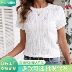 2025欧美亚马逊春夏秋跨境女士休闲 V圆领短袖弧形下摆T恤短袖