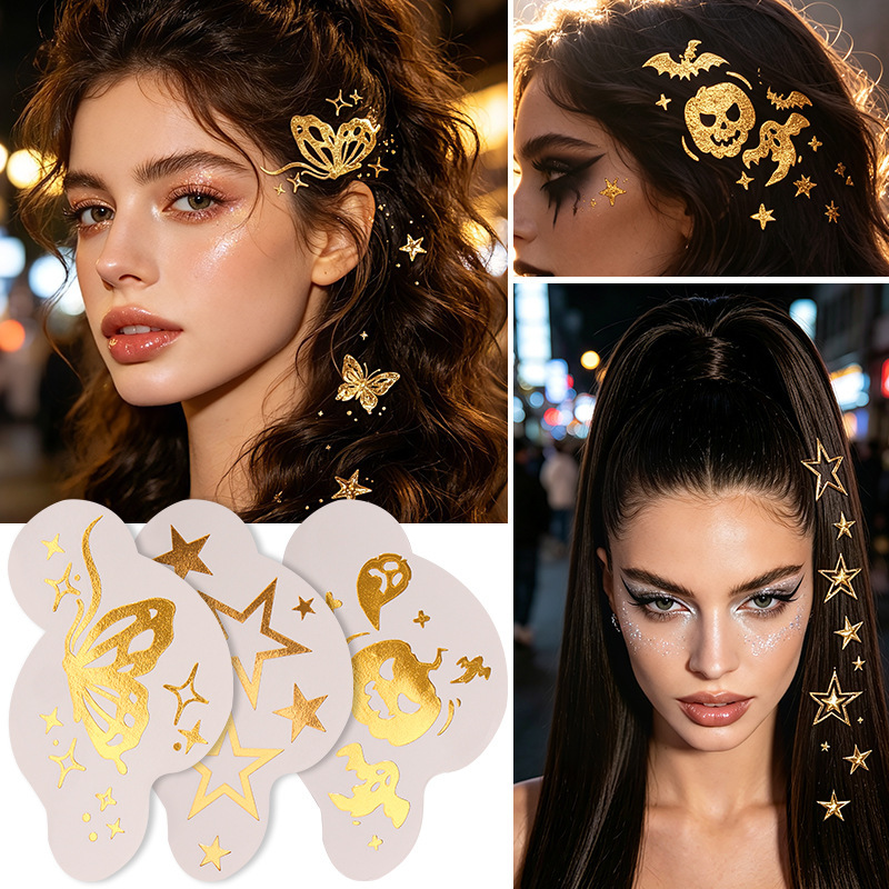 Cross-border hair decoration tattoo stickers, waterproof metallic foil temporary hair stickers, Halloween star hair tattoos