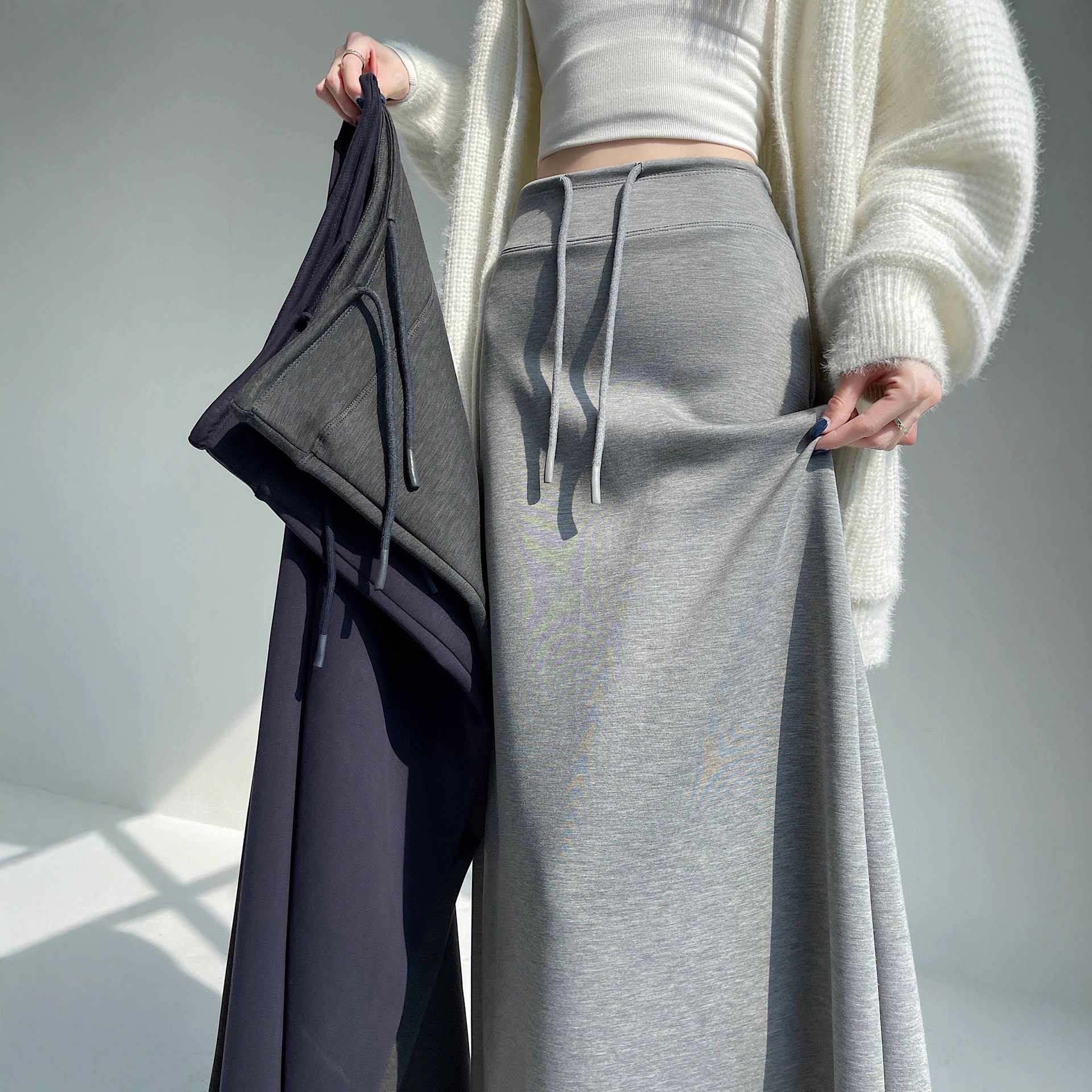 Gray Sports Skirt for Women Spring & Fall New High-Waisted Straight Slit A-Line Skirt Draped Skirt Mid-Length Skirt