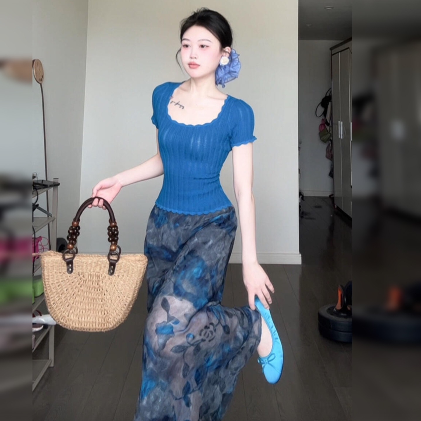 蓝色碎花鱼尾半身连衣裙子女夏季2025新款小个子今年流行长裙套装