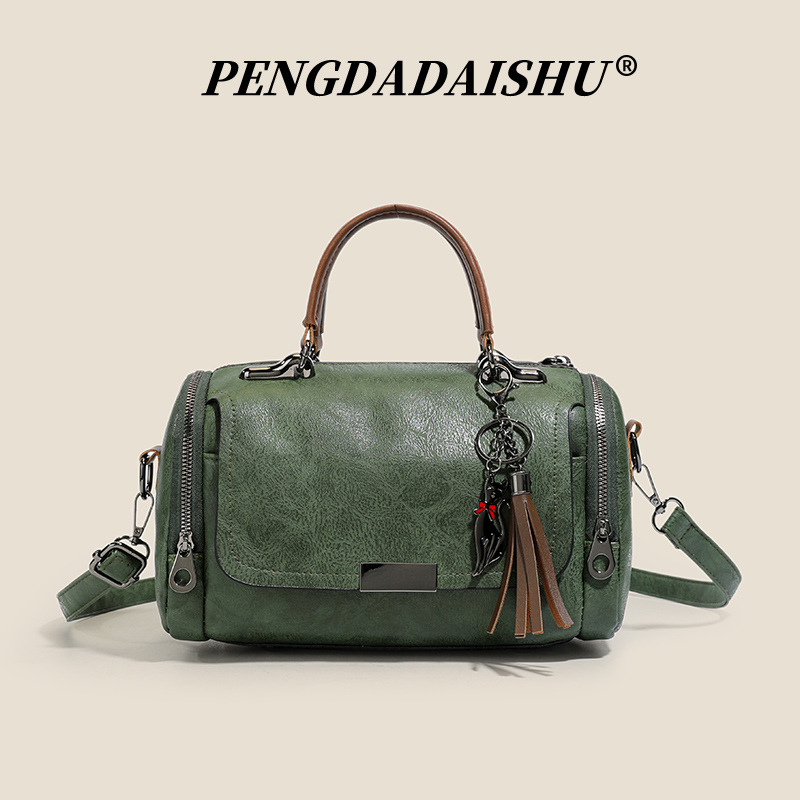 Retro Tassel Cylinder Bag Handbag Crossbody Bag Large Capacity Boston Pillow Bag Commuter Casual Women's Bag Versatile Style - Thumbnail 6