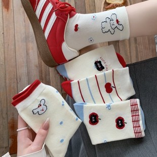 White Socks Women's Mid-Socks Spring and Summer Ins Trendy Korean-style Japanese-style Cute Cartoon Stockings Pure Cotton Piled Cotton Stockings