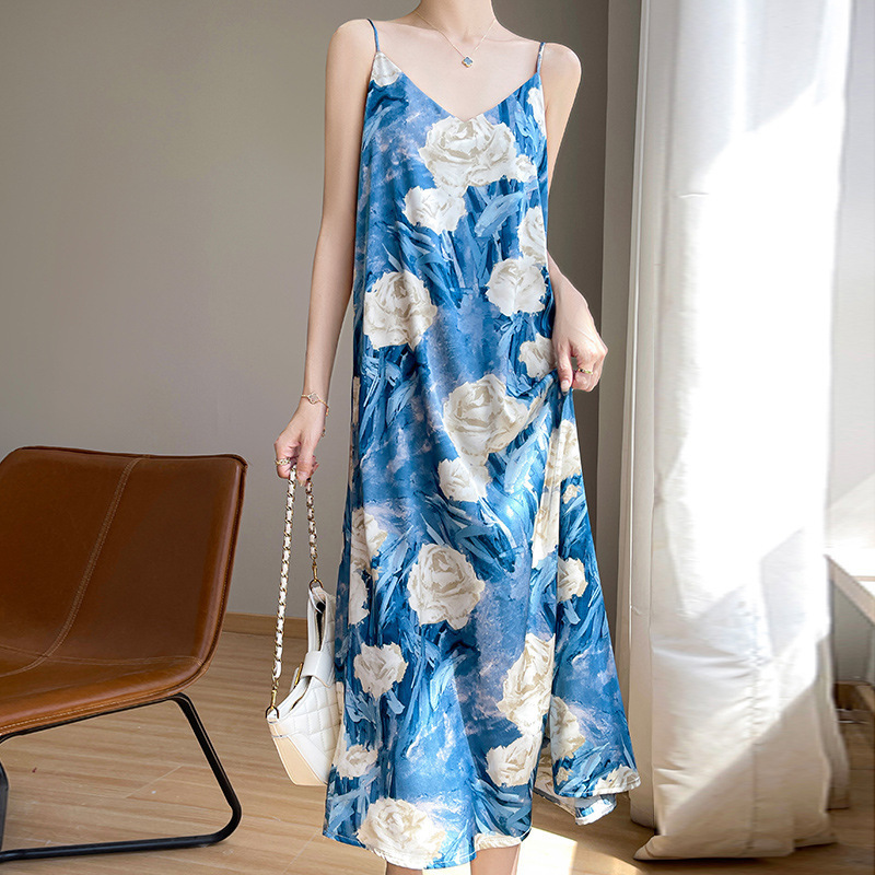 25 New Summer Style Acetate Satin V Neck Suspender Dress for Women, Printed Sleeveless Elegant, Versatile Long Skirt, Cool Feeling