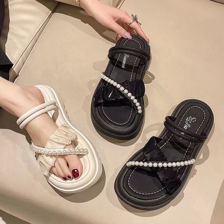 Internet Celebrity Slippers For Outdoor Wear In Summer For Women Style Pearl Fairy Style Two-wear Thick-soled Small Fragrance Style Beach Sandals