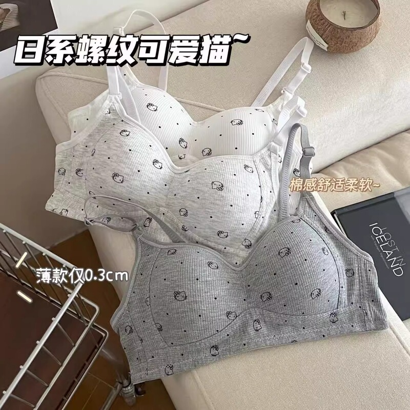 Cute Cat High School Student Thin Breathable Girl Underwear Women's Small Breast Push-Up Comfortable Skin-Friendly Bra