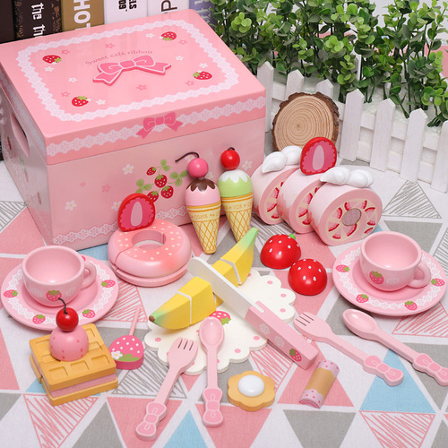 Wooden Girl First Birthday Cake Simulation Fruit Cutout Toy Wooden Boy Kitchen Play House Set