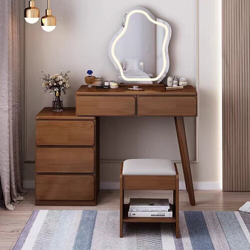 Light Luxury Solid Wood Dressing Table with Mobile Chest of Drawers, Integrated Makeup Desk, Simple & Multi-Functional Storage Cabinet, Plus Built-in Lighting