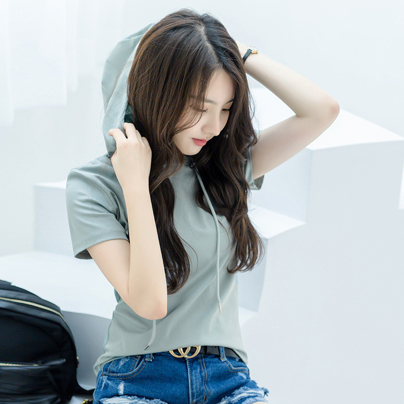 Hooded T-Shirt for Women 80 Count Mercerized Cotton Elegant Ins Super Hot Trendy Spring and Summer Fashion Short-Sleeved One Piece Drop Shipping 6736