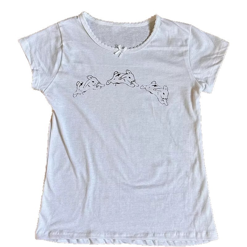 t-shirt美式2025女装夏兔子图案紧身辣妹显瘦露脐圆领短袖T恤|undefined
