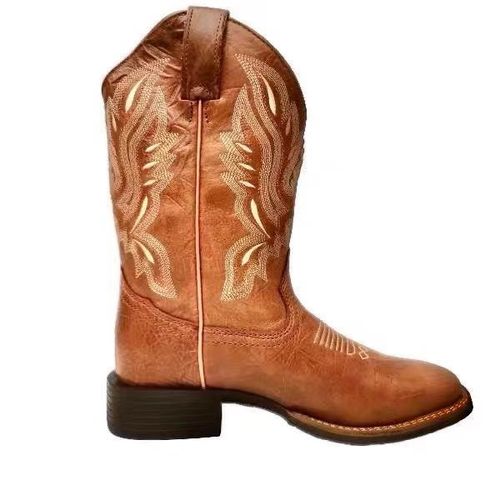 The Ho Seh Style Rough Heel Versatile Western Cowboy Boots with V-Ornamented Slit Riding Boots, Retro Medium Calf Square Toe Horse Boots