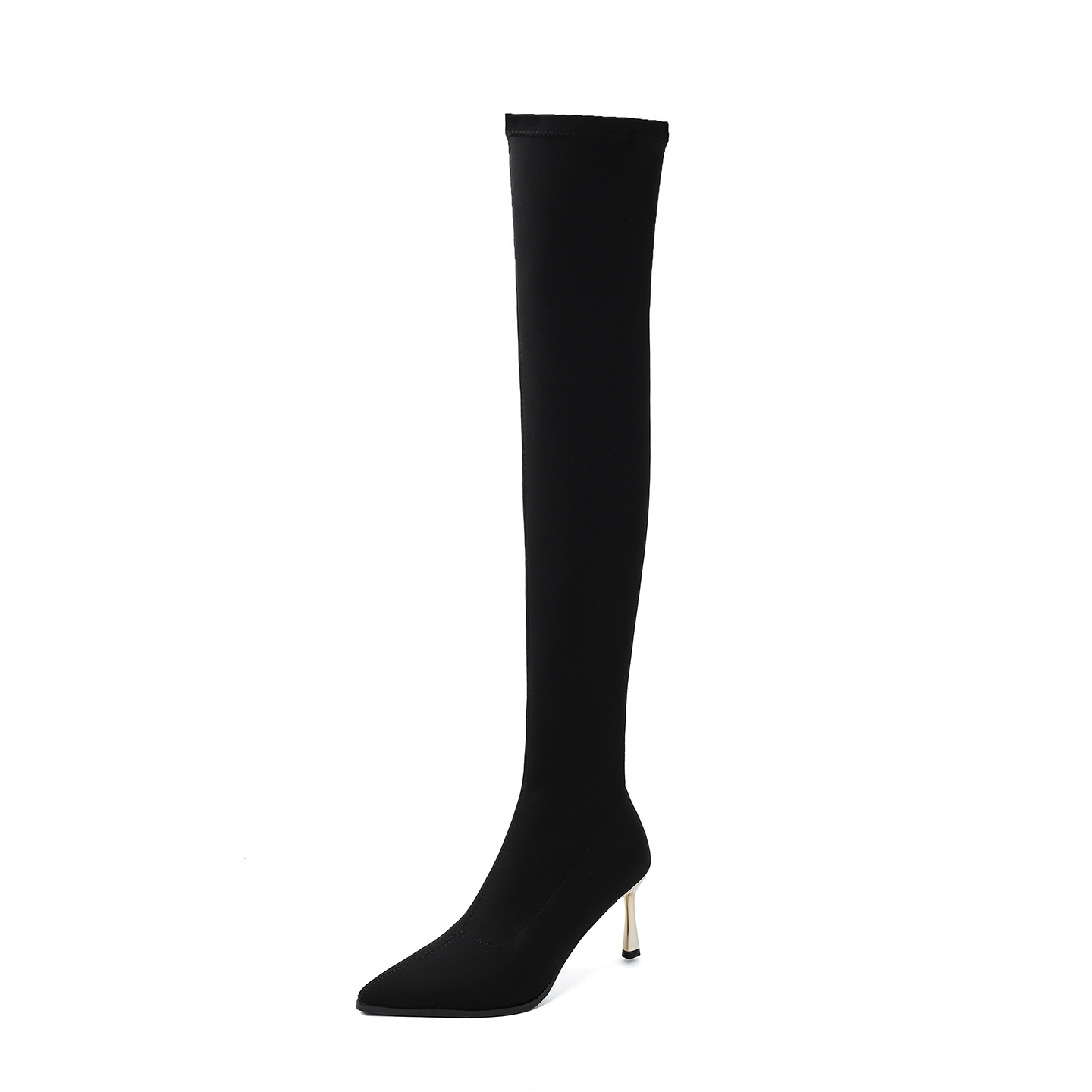 Boot nữ cổ cao quá gối mũi nhọn gót nhọn co giãn ôm chân — Ống cao màu đen