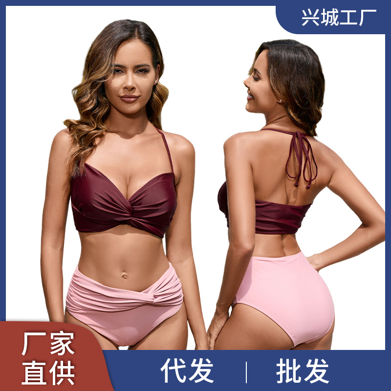 AliExpress cross-border new color matching lace-up swimsuit Women's European and American sexy backless bikini foreign trade high waist swimsuit