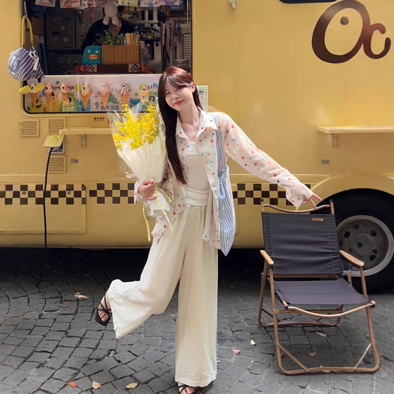 Real shot 2025 spring and summer Korean version of retro color wave dot sunscreen shirt cotton linen drape straight wide leg pants