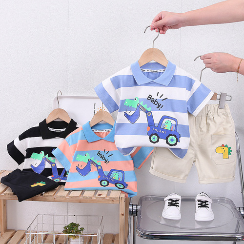 Boys summer suit Korean version trendy baby striped cartoon digger short-sleeved children's clothing one-year-old baby summer clothes