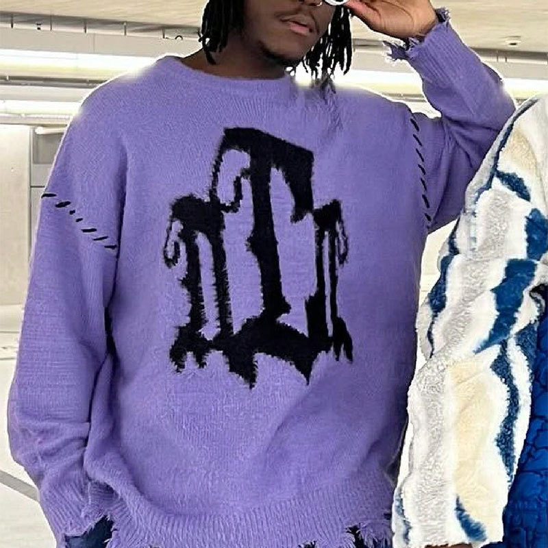 André | American-Style Trendy Brand Ripped Fringe Knit Sweater for Men, 2025 Autumn and Winter New Style, Lazy Style Casual Sweater, Cool.