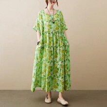 夏装新款文艺大码宽松印花短袖长款连衣裙有口袋过膝裙