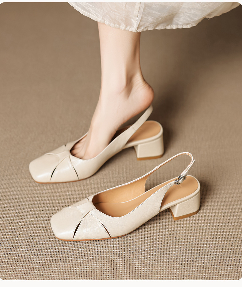 Sandal nữ mũi vuông da cừu hở mũi gót vừa dày — đen chi tiết 6