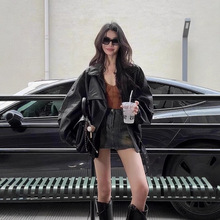 黑色复古机车翻领pu皮衣外套女酷飒风2025秋新款高级感皮夹克上衣