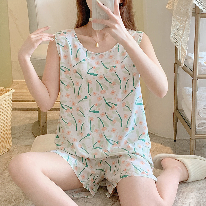 Summer Round Neck Sleeveless Vest Two-Piece Cotton Silk Pajamas Women's Summer Cotton Silk Artificial Cotton Women's Summer suit