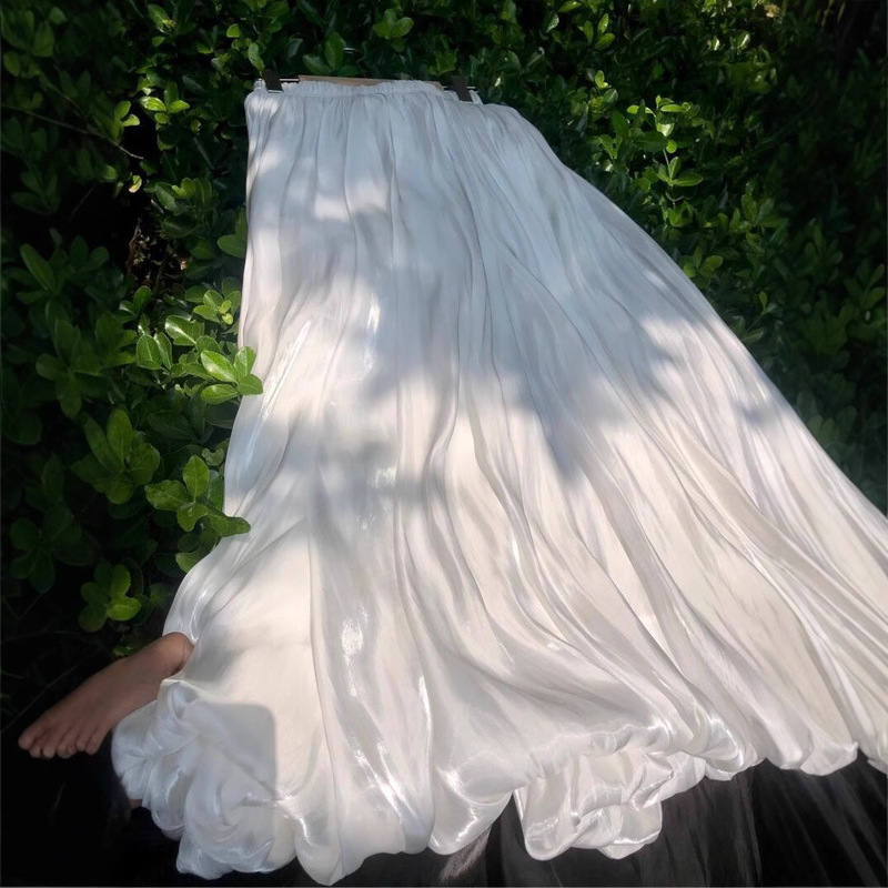 French Pearlescent Satin Flower Bun Dress Women's 2025 New Spring Puffy Mid-length Dress High Waist A- line Pleated Skirt