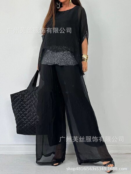 summer shiffon trousers with a round collar