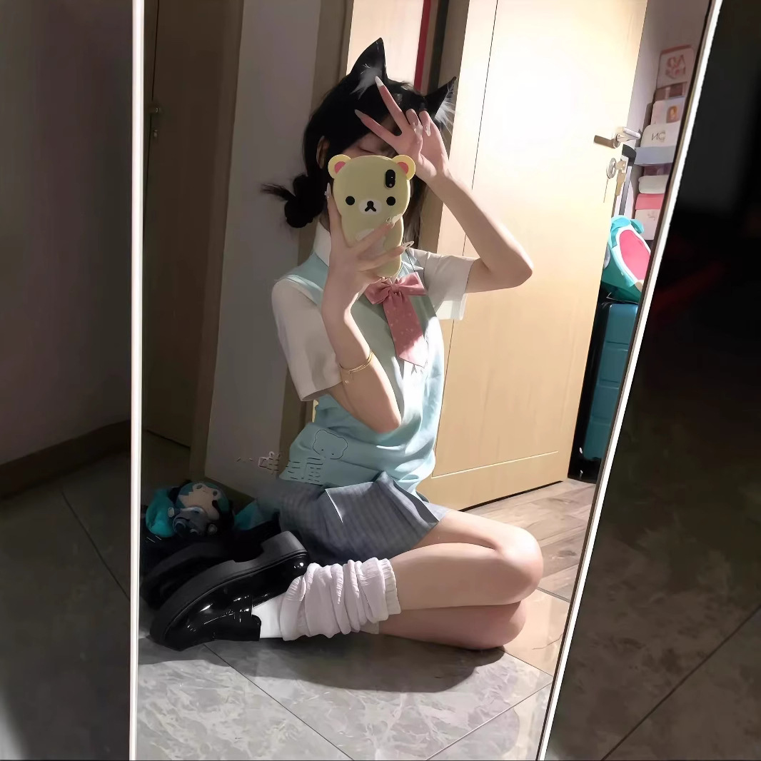 Japanese JK uniform pine blue original pullover vest academic style all-match waist short sleeve plaid skirt skirt four-piece set