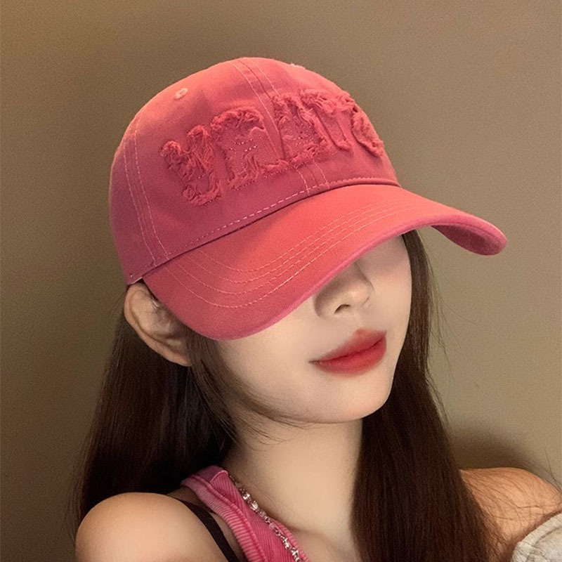 New style sweet cool style pink letter baseball cap women's all-match face-looking small hat big brim Japanese style wool embroidered peaked cap