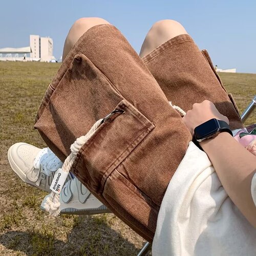 American Retro Workwear Denim Shorts for Men - Summer Loose Fit Multi-Pocket Five-Finger Pants - Trendy Brand Casual Thin Pants