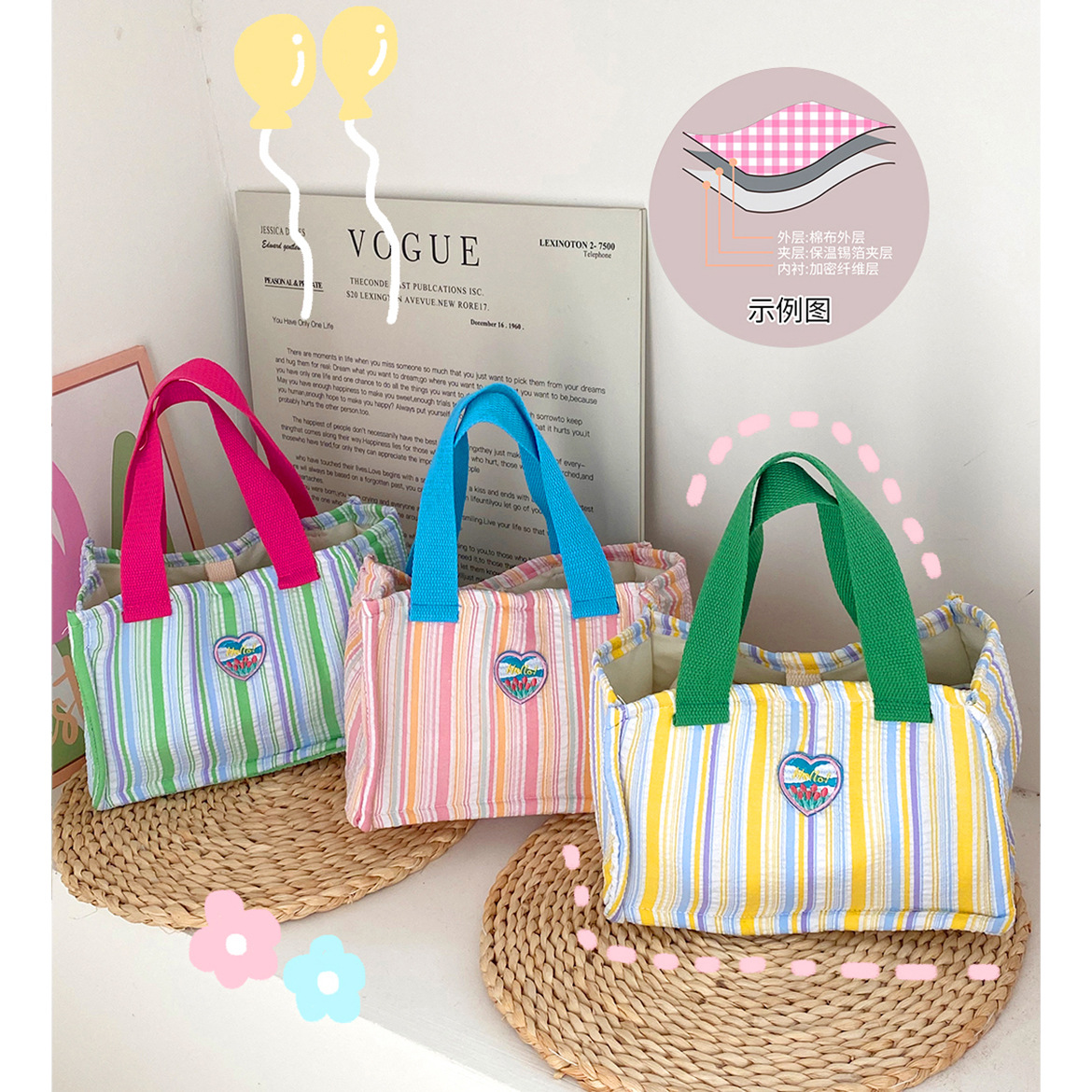 Bolsa de almuerzo de dopamina de contraste de color aislante de calor, bolsa de mano de rayas de espuma plegadas, bolsa de almuerzo encantadora para llevar bolsa de almuerzo al trabajo