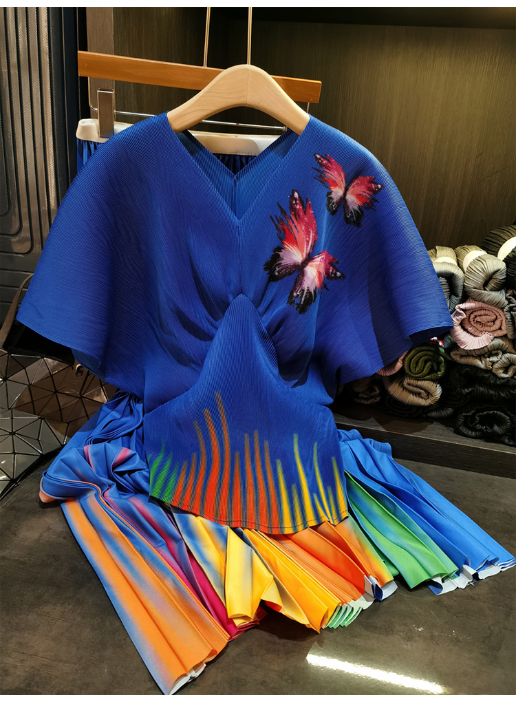 Elegant Butterfly Print Two Piece Set For Women V-Neck Short Sleeve Top & Pleated Midi Skirt Casual Mid-Calf Length Polyester_ecoleips.com