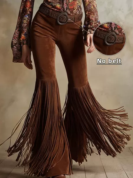 Cross-Border Amazon European and American Women's Retro Western Tassel New Suede Trousers