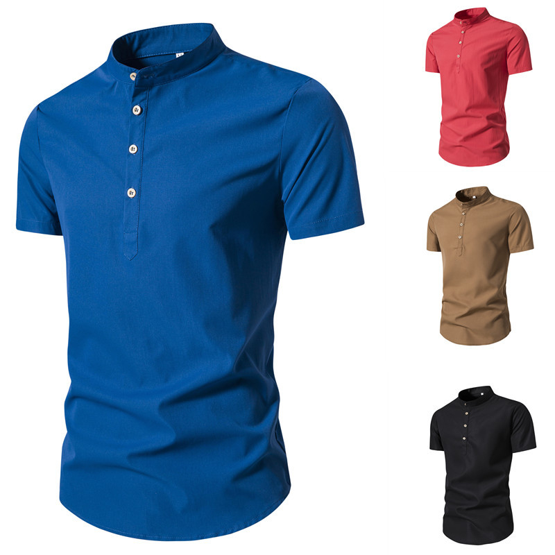 2023 caliente verano color sólido collar de pie camisa casual de los hombres de manga corta camisa de comercio exterior jersey de los hombres top ropa de los hombres
